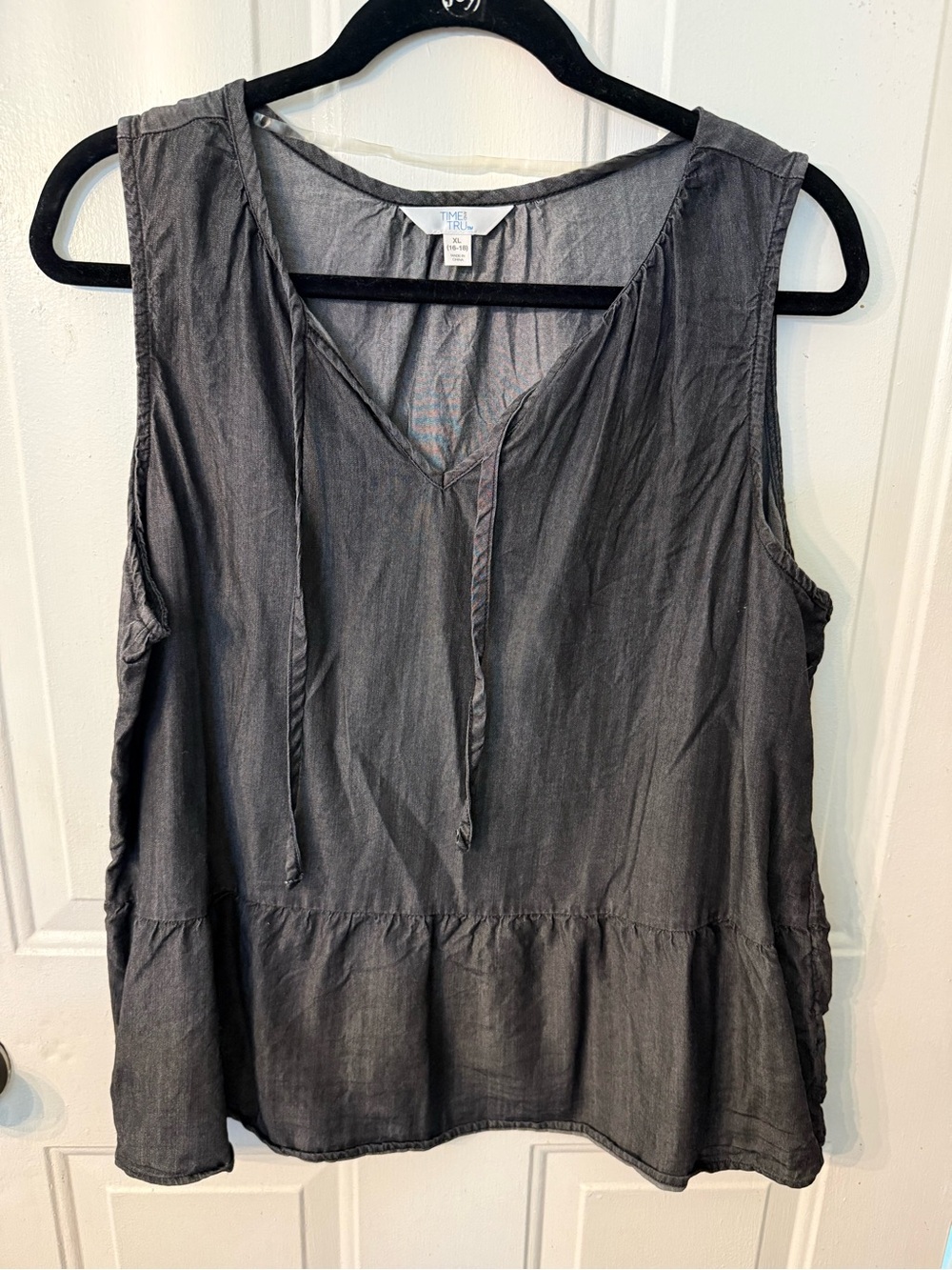 Time and Tru Washed Black V-Neck Peplum Tank with Tie